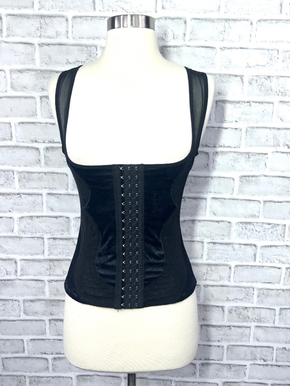 Black Satin Floral Mesh Corset Bustier Hook & Eye Gothic Top